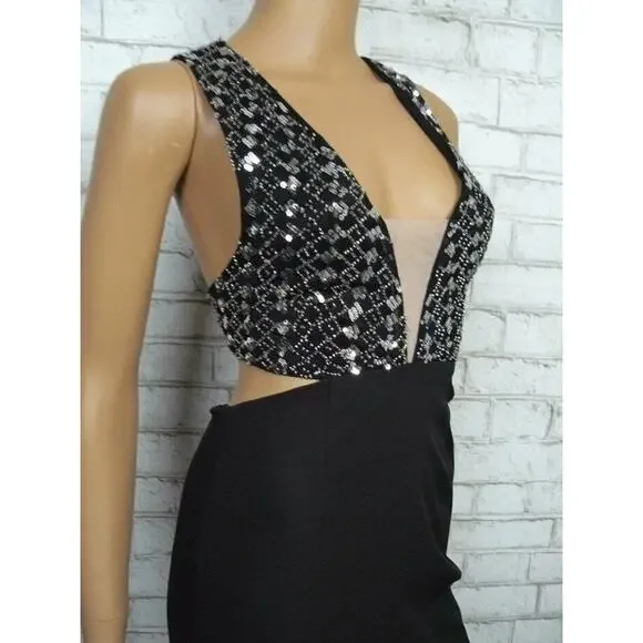 $458 X by NBD Black Beaded Silver Sequin Blanka Dress Cutout X Back XS NWT - Picture 7 of 12